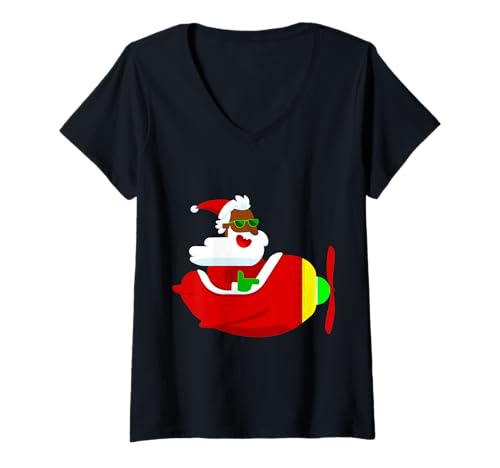 Damen Weihnachten Flieger Flugzeug Pilot afrikanischer Weihnachtsmann lustig schwarz T-Shirt mit V-Ausschnitt Damen Weihnachten Flieger Flugzeug Pilot afrikanischer Weihnachtsmann lustig schwarz T-Shirt mit V-Ausschnitt von Gossip Rag