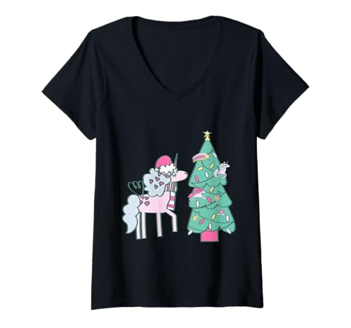 Damen Weihnachtseinhorn, Weihnachtsmann, skurrile Winterkritzel, handgezeichnet T-Shirt mit V-Ausschnitt von Gossip Rag