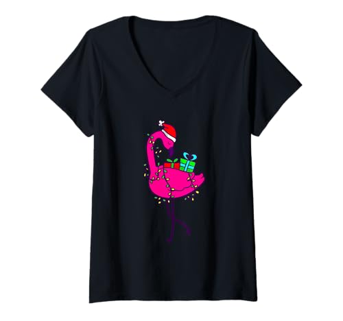 Damen Weihnachtsmann Flamingo Weihnachten Licht Weihnachten Urlaub Sommer Tropisch T-Shirt mit V-Ausschnitt von Gossip Rag