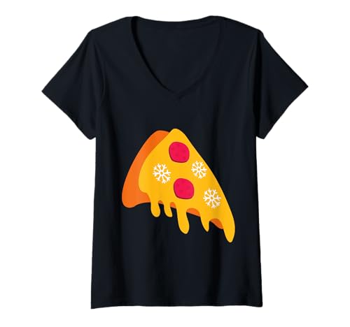 Damen hässliche Weihnachts-Peperoni-Pizza Schneeflocke, Winter, italienisches Essen T-Shirt mit V-Ausschnitt von Gossip Rag