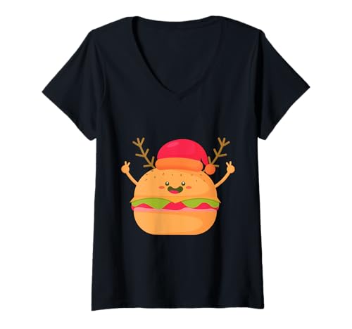 Damen hässlicher Weihnachtsburger Santa Cheeseburger lustiges Fastfood T-Shirt mit V-Ausschnitt Damen hässlicher Weihnachtsburger Santa Cheeseburger lustiges Fastfood T-Shirt mit V-Ausschnitt von Gossip Rag
