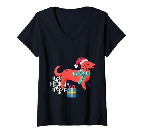 Damen hässlicher Weihnachtshund Weihnachtsmann Schneeflocke Weiner Dackel T-Shirt mit V-Ausschnitt von Gossip Rag