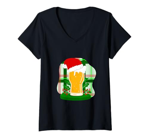 Damen hässliches Weihnachtsbier Weihnachtsmann Holly Plaid Lustiges Weihnachten T-Shirt mit V-Ausschnitt von Gossip Rag
