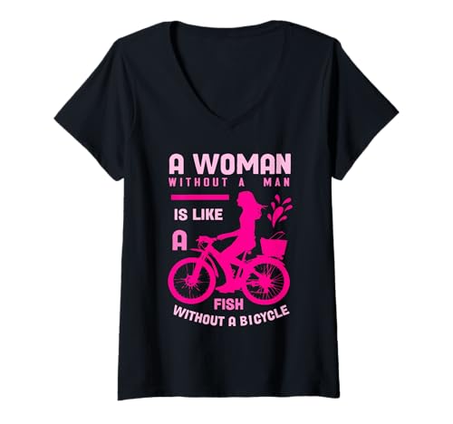 Damen rosa Frau ohne Mann wie Fisch Fahrrad Feminist mädchen Power T-Shirt mit V-Ausschnitt Damen rosa Frau ohne Mann wie Fisch Fahrrad Feminist mädchen Power T-Shirt mit V-Ausschnitt von Gossip Rag