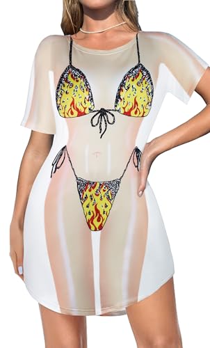 Beach Cover Up für Damen Baggy Bikini Bademode Kurzarm Strandbekleidung Shirt Kleid(Flammen Muster,M) von Gosunny