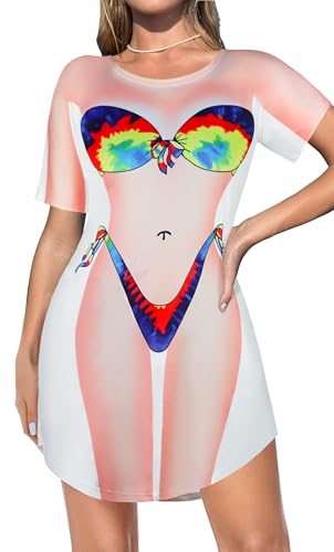 Beach Cover Up für Damen Baggy Bikini Bademode Kurzarm Strandbekleidung Shirt Kleid(Regenbogen Muster,S) von Gosunny