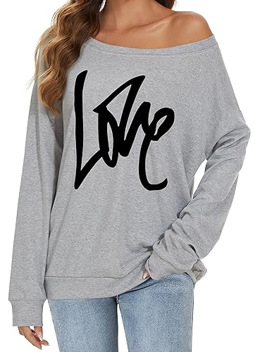 Schulterfreies Oberteil Damen Langarm Pullover Lässige Sweatshirt Causal Elegant Bluse (01 Grau, S) von Gosunny