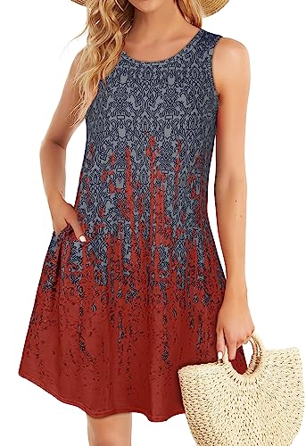 Damen Casual Tunika Kleid Kurz Knielang Sommerkleid Rundhals Hawaii Lose Mini Blusenkleider(Red Grey,S) von Gosunny