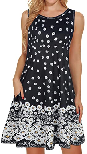 Damen Casual Tunika Kleid Kurz Knielang Sommerkleid Rundhals Hawaii Lose Mini Blusenkleider(Schwarze Gänseblümchen,S) von Gosunny