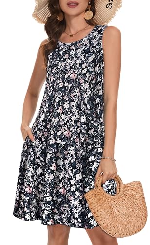 Damen Casual Tunika Kleid Kurz Knielang Sommerkleid Rundhals Hawaii Lose Mini Blusenkleider(Zerkleinerte Blume,S) von Gosunny