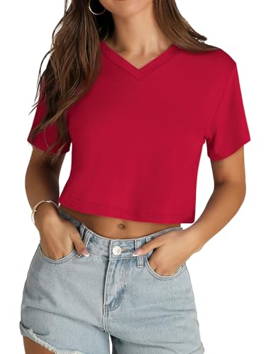Damen Crop T Shirt V Ausschnitt Halbarm Tees Casual Sommer Cropped Trendy Tops(Rot,L) von Gosunny