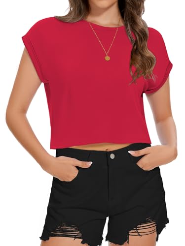 Damen Kurzarm T Shirt Sommer Lose Fit Tees Rundhalsausschnitt Causal Crop Tops(Rot,XL) von Gosunny