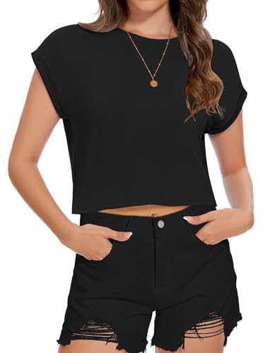 Damen Kurzarm T Shirt Sommer Lose Fit Tees Rundhalsausschnitt Causal Crop Tops(Schwarz,2XL) von Gosunny