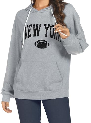 Damen Langarm Hoodie Basic Grafik Kapuzenpullover Sweatshirt Herbst Rundhalsausschnitt Drawstring Tops mit Taschen (Grau, L) von Gosunny