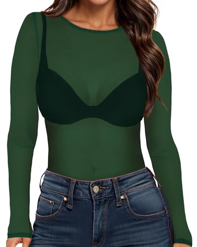 Damen Mesh Oberteil Transparentes Langarmshirt Sheer Netz Tops Durchsichtige Clubwear（Dunkelgrün，M） von Gosunny