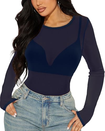 Damen Mesh Oberteil Transparentes Langarmshirt Sheer Netz Tops Durchsichtige Clubwear（Marineblau，M） von Gosunny
