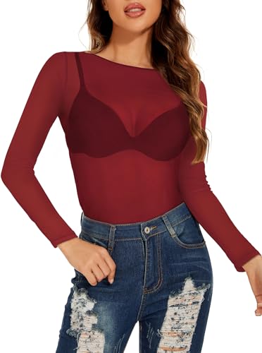 Damen Mesh Oberteil Transparentes Langarmshirt Sheer Netz Tops Durchsichtige Clubwear(Rot,2XL) von Gosunny