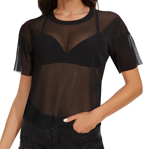 Damen Netz Mesh Oberteil Durchsichtig Sheer Kurzarm Tops Rundhalsausschnitt Rave Tunika Casual Shirt（Schwarz，2XL） von Gosunny