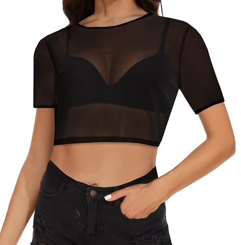 Damen Netz Mesh Oberteil Durchsichtig Sheer Kurzarm Tops Rundhalsausschnitt Rave Tunika Casual Shirt（Schwarz，M） von Gosunny