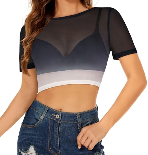Damen Netz Mesh Oberteil Durchsichtig Sheer Kurzarm Tops Rundhalsausschnitt Rave Tunika Casual Shirt(Schwarz Grau Gemustert,XL) von Gosunny