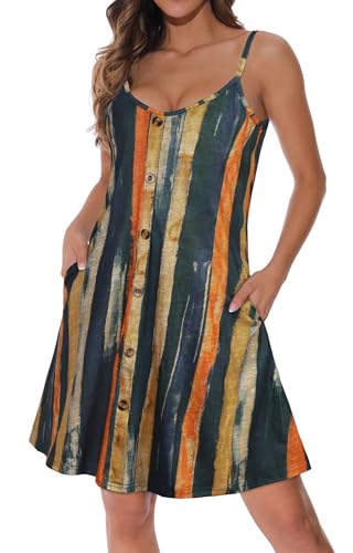 Damen Sommerkleider Spaghetti Träger Sonnenkleid Ärmelloses V Ausschnitt Strandkleid mit Taschen(Gelb Blaue Linie,S) von Gosunny
