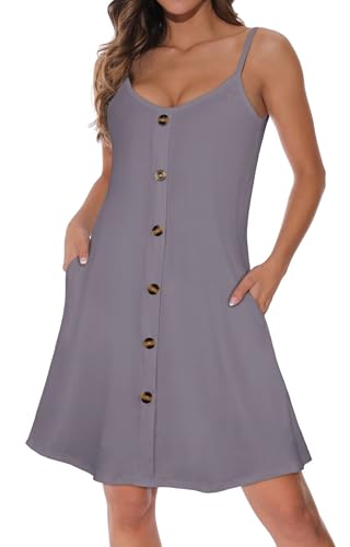 Damen Sommerkleider Spaghetti Träger Sonnenkleid Ärmelloses V Ausschnitt Strandkleid mit Taschen(Grau,S) von Gosunny