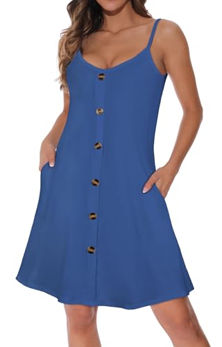 Damen Sommerkleider Spaghetti Träger Sonnenkleid Ärmelloses V Ausschnitt Strandkleid mit Taschen(Hellblau,3XL) von Gosunny