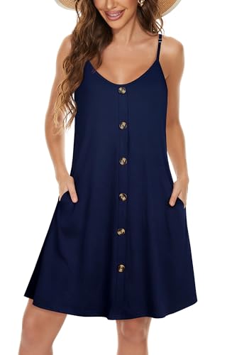 Damen Sommerkleider Spaghetti Träger Sonnenkleid Ärmelloses V Ausschnitt Strandkleid mit Taschen(Marineblau,M) von Gosunny