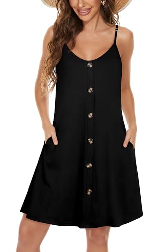Damen Sommerkleider Spaghetti Träger Sonnenkleid Ärmelloses V Ausschnitt Strandkleid mit Taschen(Massiv Schwarz,2XL) von Gosunny