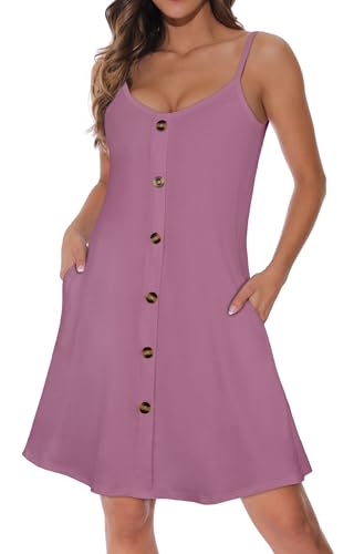 Damen Sommerkleider Spaghetti Träger Sonnenkleid Ärmelloses V Ausschnitt Strandkleid mit Taschen(Mauve,S) von Gosunny
