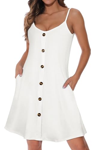 Damen Sommerkleider Spaghetti Träger Sonnenkleid Ärmelloses V Ausschnitt Strandkleid mit Taschen(Weiß einfarbig,3XL) von Gosunny