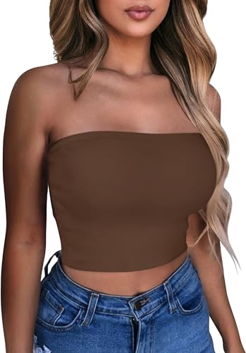 Damen Tube Tops Sommer Trägerlos Crop Tunika Tank Ärmellos Slim Fit Vest Bluse(Braun,S) von Gosunny