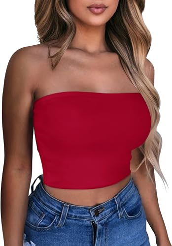 Damen Tube Tops Sommer Trägerlos Crop Tunika Tank Ärmellos Slim Fit Vest Bluse(Rot,XL) von Gosunny