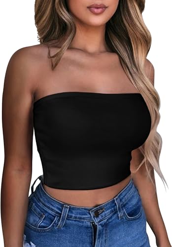 Damen Tube Tops Sommer Trägerlos Crop Tunika Tank Ärmellos Slim Fit Vest Bluse(Schwarz,M) von Gosunny