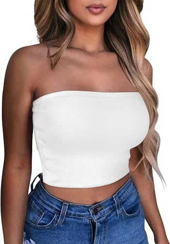 Damen Tube Tops Sommer Trägerlos Crop Tunika Tank Ärmellos Slim Fit Vest Bluse(Weiß,M) von Gosunny