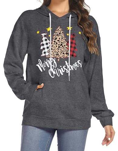 Damen Weihnachten Kapuzenpullover Langarm Lässige Xmas Hoodie Casual Herbst Weihnachtstops（Baum Grau，XL von Gosunny