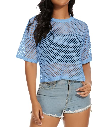 Damens Fishnet Mesh Tops Sommer Transparente T Shirt Kurze Ärmel Sheer Bluse(Hellblau,2XL) von Gosunny