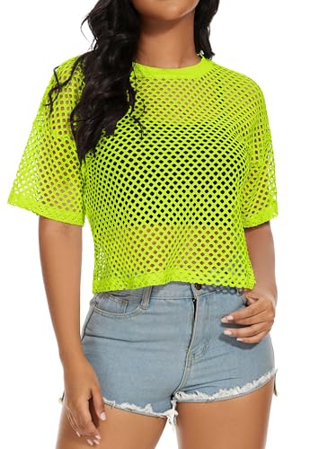 Damens Fishnet Mesh Tops Sommer Transparente T Shirt Kurze Ärmel Sheer Bluse(Neongrün,S) von Gosunny