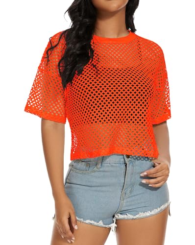 Damens Fishnet Mesh Tops Sommer Transparente T Shirt Kurze Ärmel Sheer Bluse(Orange,L) von Gosunny