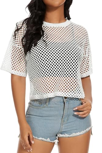 Damens Fishnet Mesh Tops Sommer Transparente T Shirt Kurze Ärmel Sheer Bluse(Weiß,2XL) von Gosunny