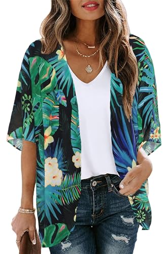 Festival Outfit Damen Strand Strickjacke Kimono Loose Casual Cover Up Leicht Sommerkleid（Grün Blatt，S） von Gosunny
