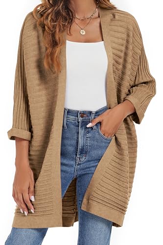 Gosunny 3/4 Ärmel Strickjacke Casual Open Front Knit Kimon Leichte Sommer Cardigan Pullover Bolero Short Shrugs(Khaki, L) von Gosunny