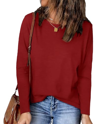 Basic Langarmshirt Damen Einfarbiges Langarm Shirts Rundhals Pullover Tops lässig Oberteile Lose Longshirt(Rot,2XL) von Gosunny