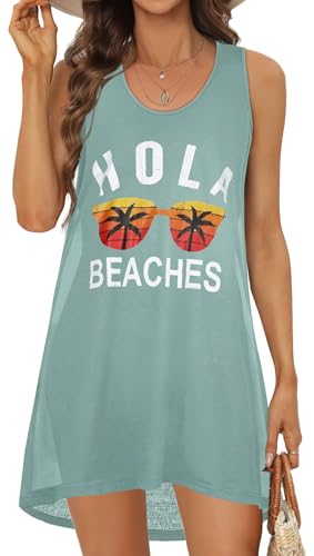 Gosunny Damen Badeanzug Sommer lässig Tank Kleider Strand Bademode Cover Up Bikini Sonnenkleid(Grün Blau Muster,XL) von Gosunny