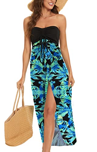 Gosunny Damen Hawaii Strandkleider Elastisch Casual Elegant Freizeitkleider Schulterfrei Sommerkleider（Schwarz und Hellblau，2XL von Gosunny