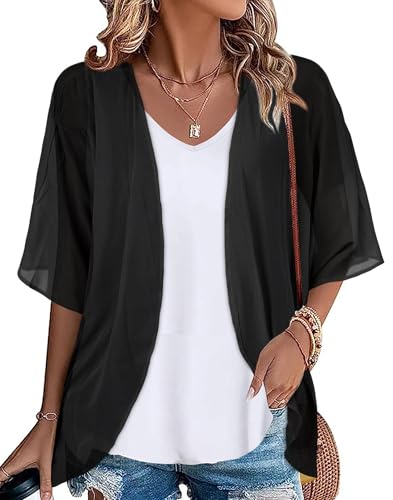 Gosunny Damen Kurz Ärmel Strickjacke Offene Vorderseite Kimono Oversized Boho Cover Up（Einfarbig Schwarz，3XL） von Gosunny