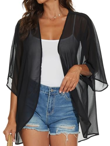 Gosunny Damen Kurz Ärmel Strickjacke Offene Vorderseite Kimono Oversized Boho Cover Up（Einfarbig Schwarz，S） von Gosunny