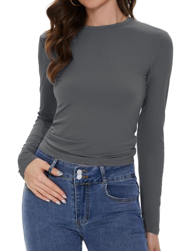 Gosunny Damen Langarmshirt Basic Rundhals Oberteile Einfarbiges Casual Bluse Cropped Slim Fit Tops(Anthrazitgrau,M) von Gosunny