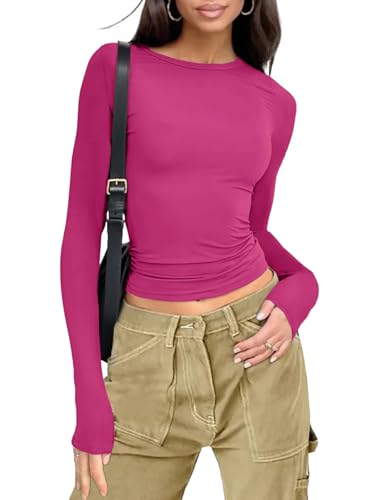 Gosunny Damen Langarmshirt Basic Rundhals Oberteile Einfarbiges Casual Bluse Cropped Slim Fit Tops(Hot Pink,L) von Gosunny