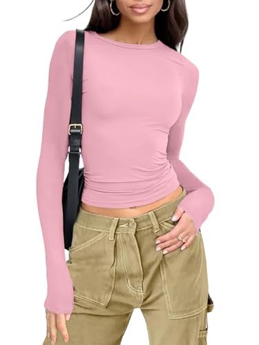 Gosunny Damen Langarmshirt Basic Rundhals Oberteile Einfarbiges Casual Bluse Cropped Slim Fit Tops(Rosa,S) von Gosunny